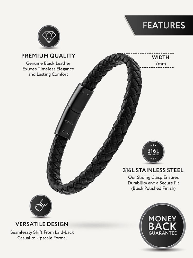 Pulsera de cuero trenzado negro de 7 mm