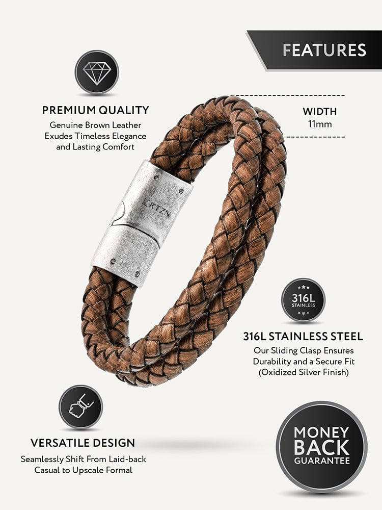 Pulsera doble de cuero trenzado marrón