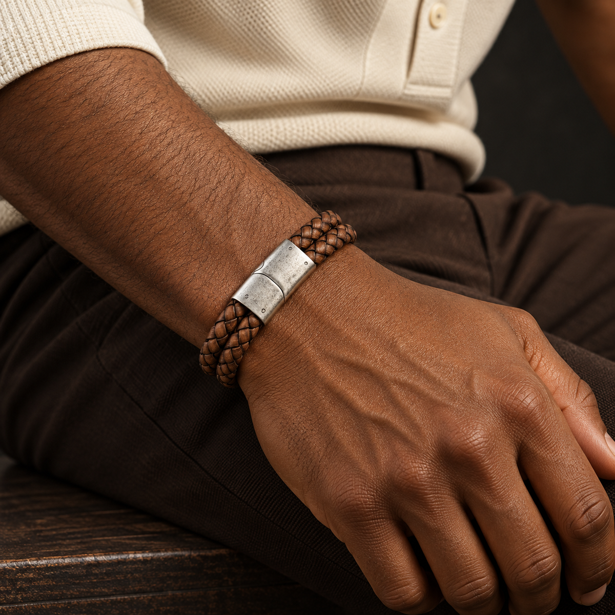 Pulsera doble de cuero trenzado marrón